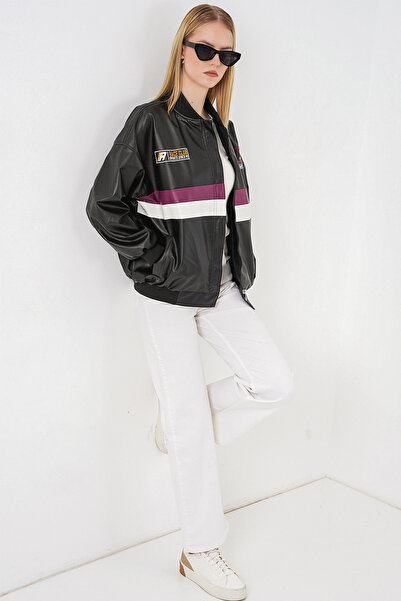 Modamorfo    0698 Printed Faux Leather Bomber Jacket - Claret Red