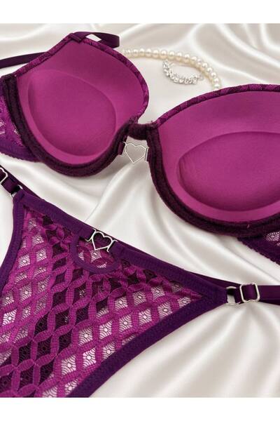 SİLVER MİRROR Set sutien căptușit cu suport și accesorii inimioare din dantelă moale