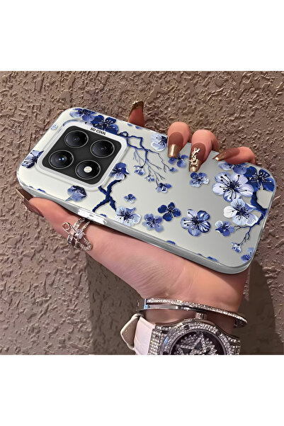 PATTERNOVA Redmi Note 14 Pro 4G/5G Uyumlu Mavi Beyaz Erik Çiçeği Dal Baskılı ...