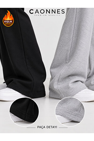 CAONNES Winter Women's 2-Piece Sweatpants (Black-Grey) Oversize Comfortable Fit Wide Leg Washable Anti-Pilling