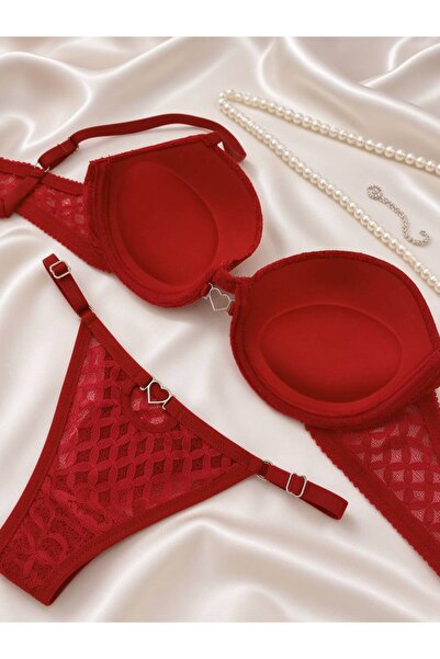 SİLVER MİRROR Set sutien căptușit cu suport și accesorii inimioare din dantelă moale