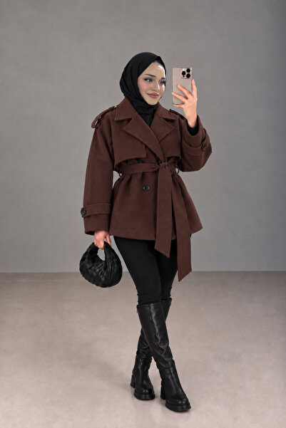 BNGL Boutique V-Neck Belted Coat/Mantle Brown