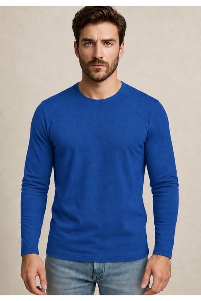 AXXEL Erkek İndigo Pamuklu Likralı Süprem Uzun Kollu T-shirt-D240
