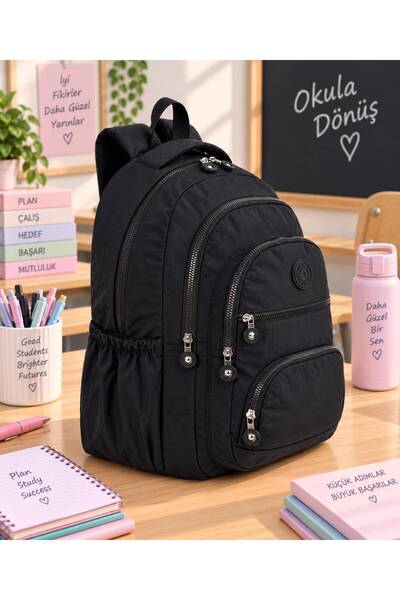 GreandBags Siyah A Kalite Lüx Krınkıl Kumaş Çok Bölmeli Okul Çantası Günlük Ç...