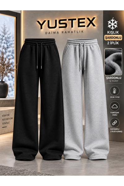 yx yustex sport 2 Adet Şardonlu Eşofman Altı (Siyah ve Gri) KIŞLIK Bol Paça Y...