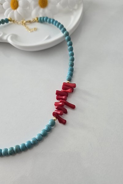 c-bhadu naturel 4 mm Turquoise, Red Branch Coral Natural Stone Necklace