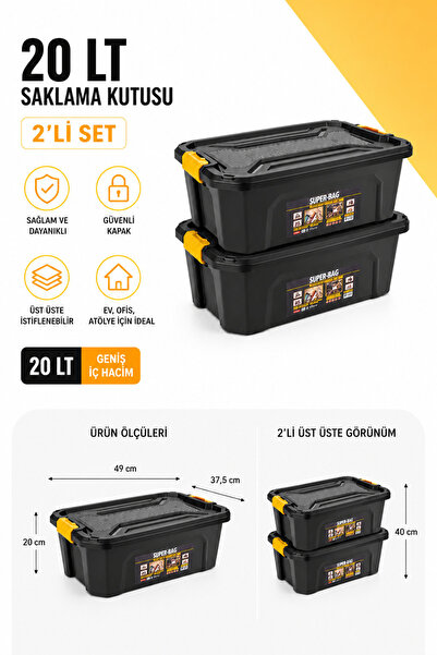 Via Mood Super Bag 20 LT Saklama Kutusu 2'li Set, Kilitli Kapaklı İstiflenebi...