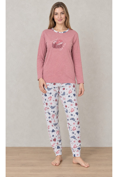 embody Pijama de damă din bumbac, set din 2 piese, bluză roz cu mânecă lungă ...