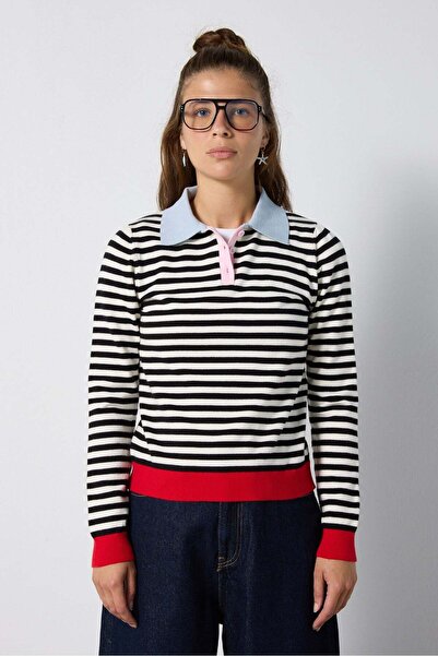 mina aise Soft polo neck striped sweater 7106