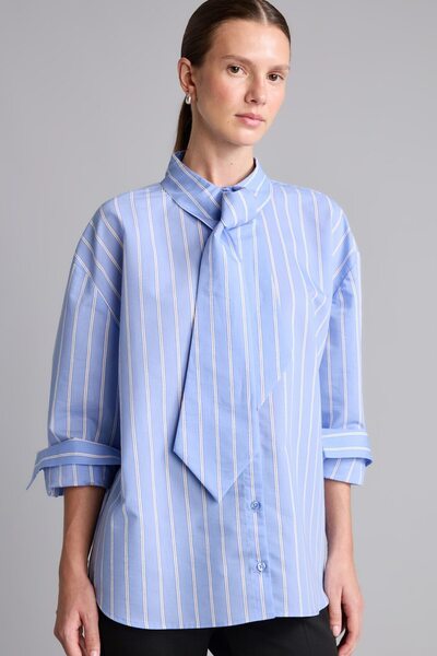 DeFacto Oversize Tie Collar Striped Poplin Long Sleeve Shirt I7958Ax26Au