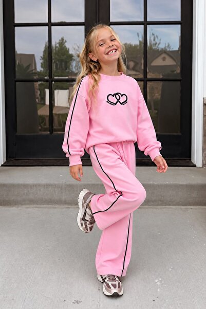Minigimin Cicileri Two Hearts Stripe Detailed Girls' Tracksuit Set - Pink