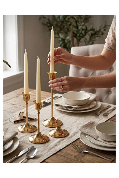 bunelo Vintage 3'lü Dekoratif Mumluk - Gold Metal Şamdanlık Seti - Eskitme Pi...