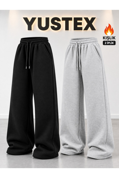 yx yustex sport 2 Adet Kadın Kışlık Siyah ve Gri Eşofman Altı Bol Paça Oversi...