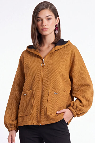 cemo Çift Cepli Fermuarlı Kapüşonlu Desenli Sweatshirt Ceket