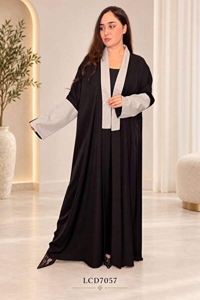 LINELLE Black Striped Lapel & Textured Sleeve Nida Abaya Maxi Dress