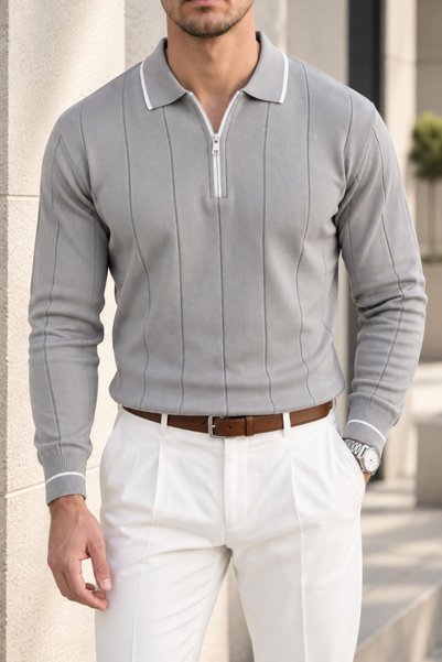 1434 Polo State Men's Contrast Piping Detailed Zippered Polo Collar Knitwear ...