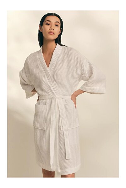 THE WHITE COMPANY رداء حمام نسائي من القطن العضوي الأساسي بنمط الوافل
