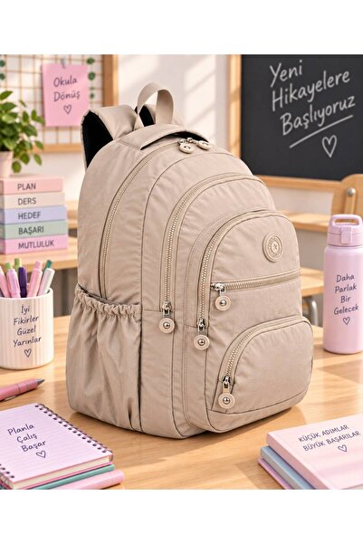 GreandBags Bej A Kalite Lüx Krınkıl Kumaş Çok Bölmeli Okul Çantası Günlük Çanta