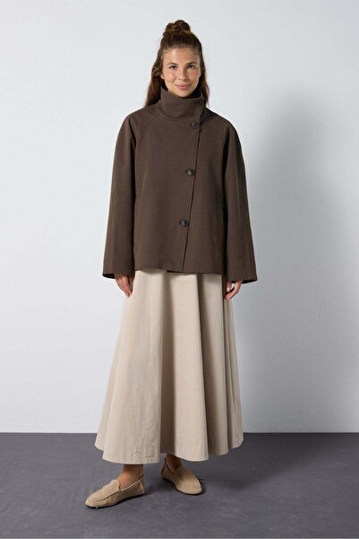 mina aise Women's Brown Plaid Patterned Stand Collar Lined Trench Coat 32068