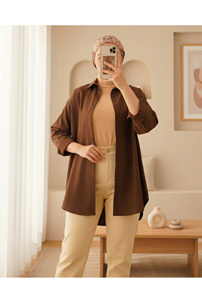 Modamorfo 103901 Oversize Basic Hijab Shirt - Brown
