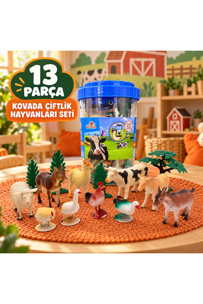 TOTTERİQ Kovada Çiftlik Hayvanları Oyuncak Seti 13 Parça Figür ve Ağaçlı Eğit...