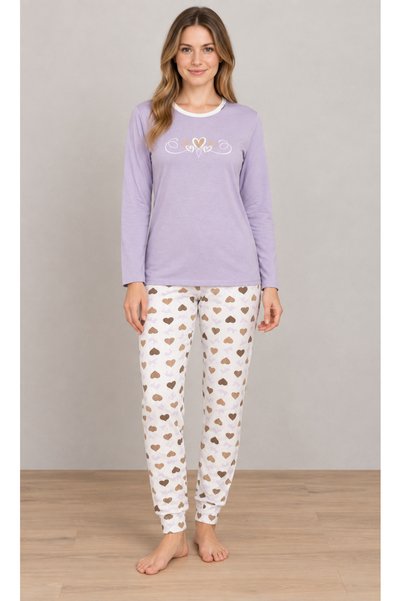 embody Pijama de damă din bumbac, set din 2 piese, bluză cu mânecă lungă lila...