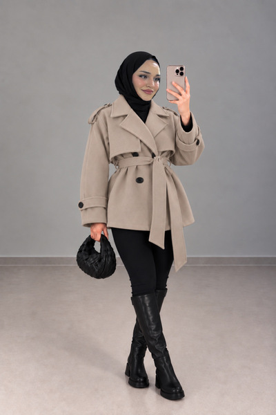 BNGL Boutique V-Neck Belted Cashmere/Coat Cream