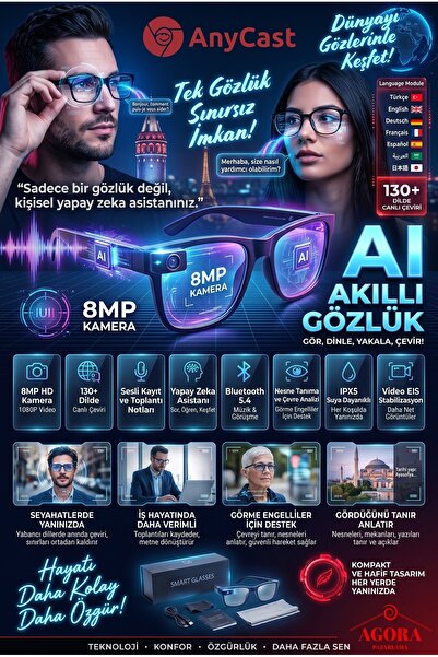 Anycast Ai Yapay Zeka Destekli Kameralı Akıllı Gözlük, 130+ Dil Gerçek Zamanl...