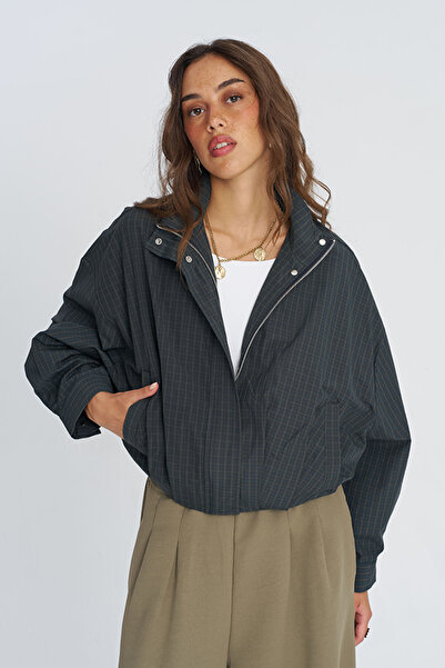 Orfeo Negro Women's Stand Collar Plaid Patterned Zippered Jacket