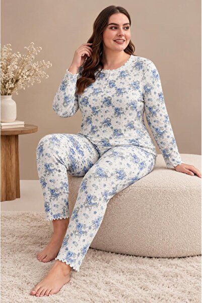 cotonhause Kadın Büyük Beden Beyaz Uzun Kol Raporlu İnterlok Pijama Takımı C7...