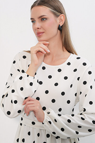 Modamorfo 1525 Women's Long Knitted Polka Dot Dress - White