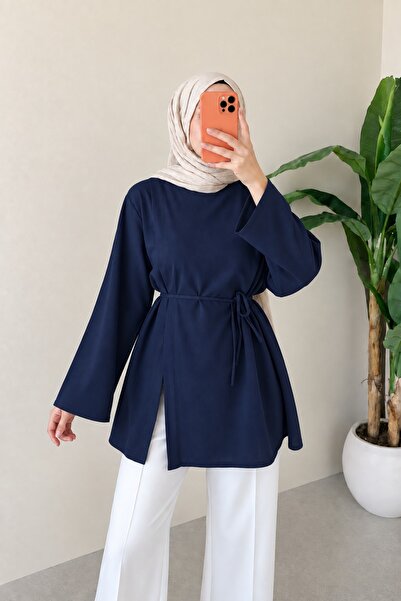 onlymoon Likralı Viskon Kumaş Yırtmaç Detaylı Bağlamalı Tunik | Kadın Tesettü...