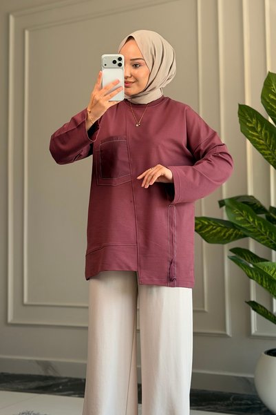 Suede Style 6709 - Comfortable, Casual 2-Yarn Peach Fabric Women's Sweatshirt with Garnish and Pocket Detail
