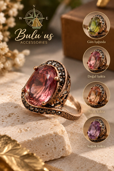BULU'US ACCESSORIES Bronz Zultanit Taşlı Tektaş Kadın Yüzük – Renk Değiştiren...