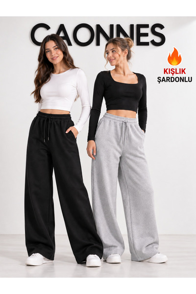 CAONNES Winter Women's 2-Piece Sweatpants (Black-Grey) Oversize Comfortable F...