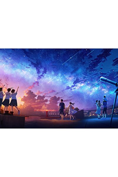 OEM Poster Anime: Studenți și familii urmărind ploaia de meteori peste ocean,...