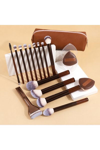 Choice Chocolate 17Pcs Makeup Brush Set With Bag & 2Pcs Puff, Foundation, Pow...