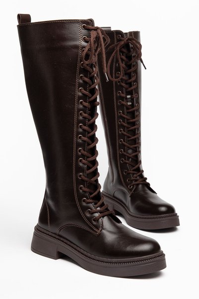Hayalimdeki Ayakkabı Women's Brown Leather Lace-Up Side Zipper Casual Boots
