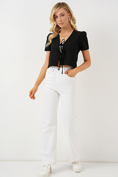 Modamorfo Women's Short Sleeve Crop Blouse 958 - Black