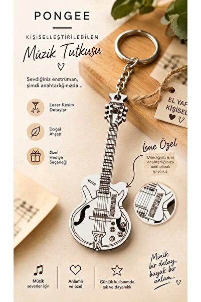 Kişiye Özel İsimli Ahşap MDF Anahtarlık - İsme Özel Enstrüman Tasarımlı Hediyelik Gitar