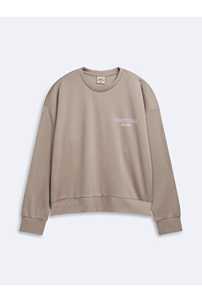 Ltb Regular Fit Letter Printed Crew Neck Beige Sweatshirt