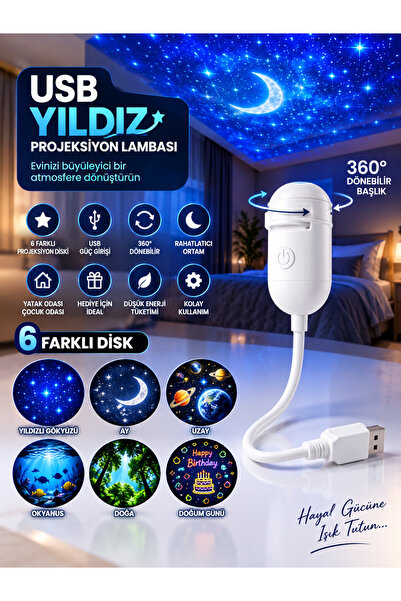 VEROXA USB Yıldız Projeksiyon Lambası 6 Diskli Gece Lambası Galaxy Projektör ...