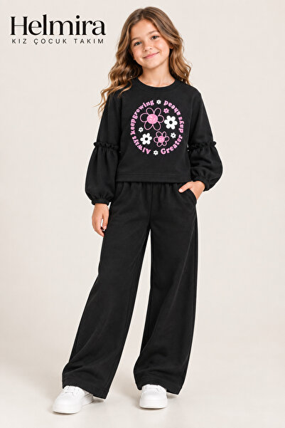 HELMİRA Girl's Black 2-Piece Set - Floral Printed Sweatshirt & Double-Pocket ...