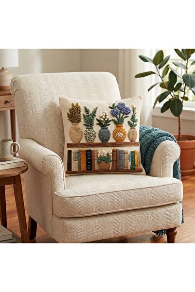 Bright Home Digital Baskılı Punch Nakış Görünümlü Çiçekli Dekoratif Kırlent K...