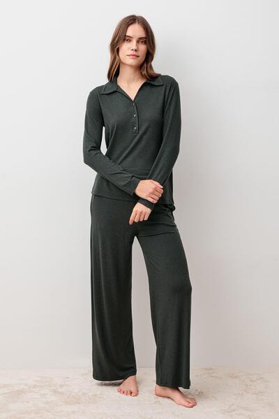 Artış Long Sleeve Buttoned Soft Textured Flexible Viscose Pajama Set