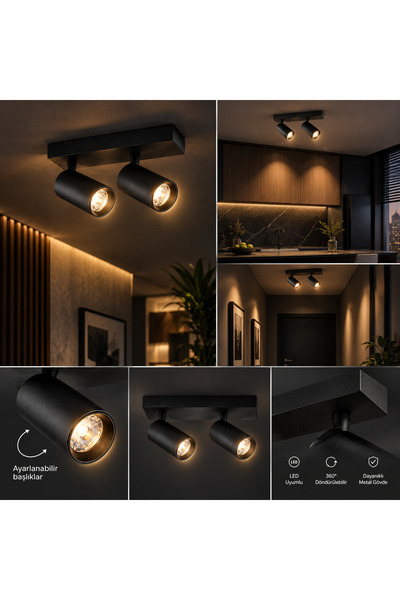 Avizen Lighting Project 2'li LED Spot Armatür 28W 3000K Gün Işığı Siyah Kasa ...