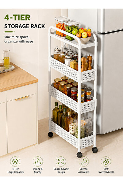 Yoawllty 4‑Tier Slim Gap Rolling Storage Cart, Multi‑Layer Mobile Shelf with ...