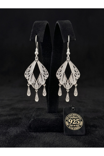 Roza Silver 925 Ayar Gümüş Geleneksel Telkari İşlemeli Karo Püsküllü Sallantılı Küpe