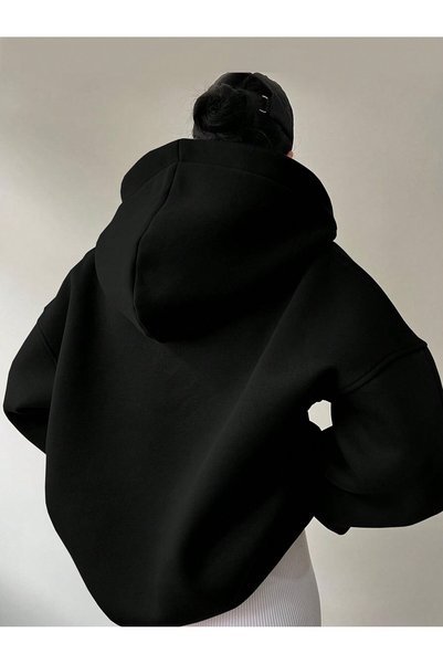 Deocept Unisex V-Yaka Kapüşonlu Basic Baskılı Oversize Swetshirt