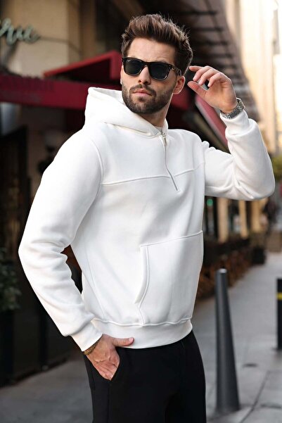 Madmext Ecru Kangaroo Pocket Hooded Men's Sweatshirt E7218